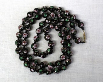 Antique Chinese Art Deco Cloisonné Enamel Knotted Glass Bead Necklace Vtg Black