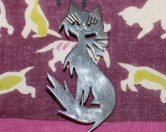 Vintage Mexico Sterling Silver Cat Brooch Gorgeous Mexican Feline Pin