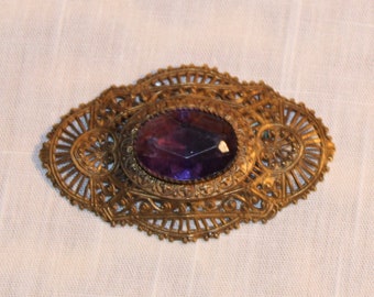 1930s Ornate Brooch 30s Design Violet Stone in Brass Ultra Lovely and Large