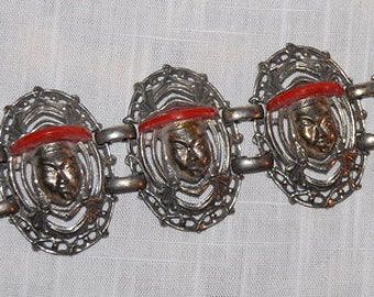 Asian Oriental 50s Bracelet Figural Face Unsigned Selro Vintage Plastic Unusual Kitsch