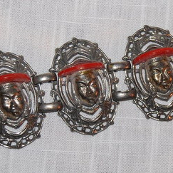 Asian Oriental 50s Bracelet Figural Face Unsigned Selro Vintage Plastic Unusual Kitsch