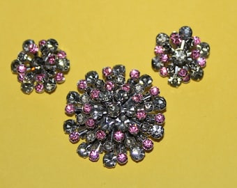 50s Pink Black Starburst Rhinestone Brooch Earrings Set Vintage MCM