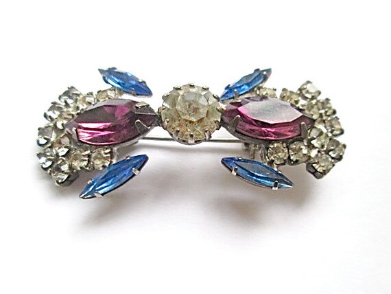 Vintage Rhinestone Brooch White Pink Blue Bridal