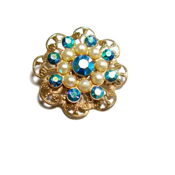 Vintage AB Brooch Blue Peacock Aurora Borealis and Pearl 1950s Sparkling