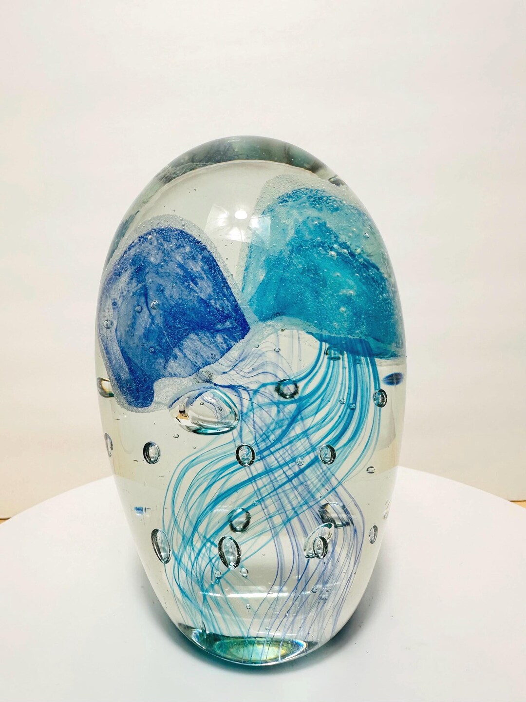 Handmade Glass Jellyfish Sculpture – Ocean Blue Art Glass Paperweight ...