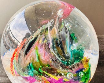 Handmade Glass Paperweight – Abstract Mountain Landscape Desk Decor