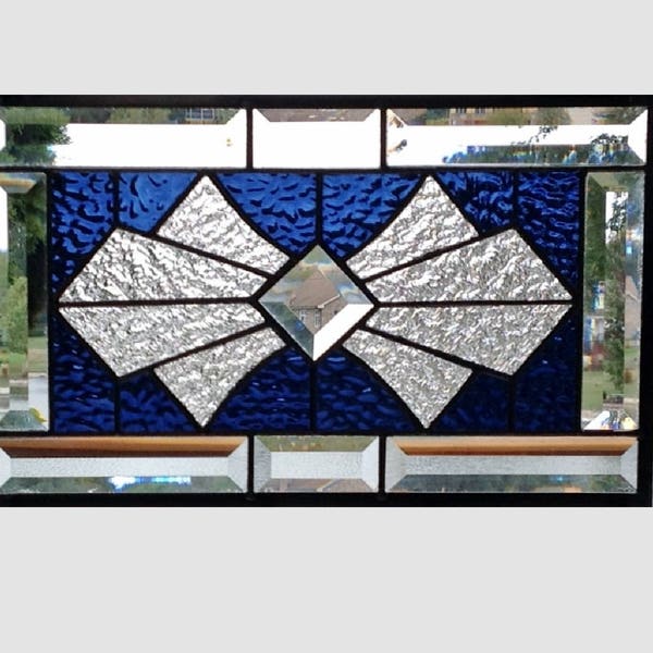 Beveled stained glass panel window Art Deco navy blue stained glass window panel window hanging suncatcher 00302 15 1/2 x 9 1/2