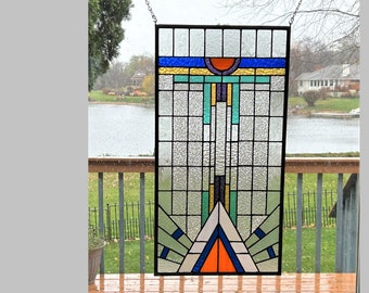 Stained glass panel window hanging Art Deco clear blue large stained glass window 0509 25 x 13