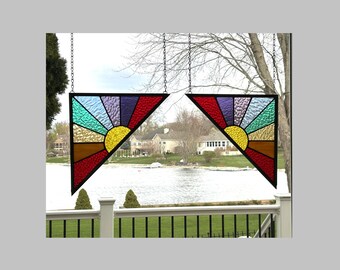 Pair of stained glass panel window hanging rainbow corner triangle suncatcher 0530 10 1/2 x 10 1/2