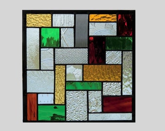 Stained glass window panel hanging geometric autumn colors abstract square suncatcher 0473 10 x 10