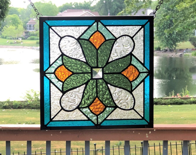 Victorian Tulip Stained Glass Panel Window Hanging Seafoam Green