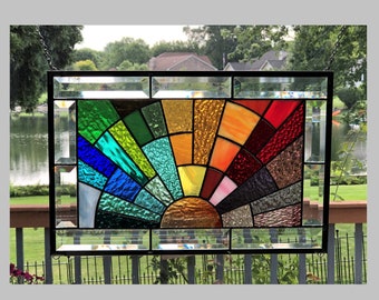 Beveled stained glass panel window rainbow arch geometric stained glass window panel hanging abstract 0475 17 1/2 x 11 1/2