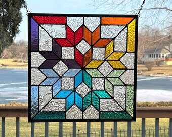 Stained glass panel window hanging geometric rainbow quilt home decor stained glass square 0508 13 3/4 x 13 3/4