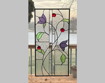 Victorian stained glass panel window hanging clear purple flower large vertical 0562 24 1/2 x 12 1/2