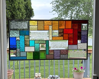 Beveled rainbow glass transom stained glass window panel geometric abstract large 0061 24 3/8 x 12 3/8