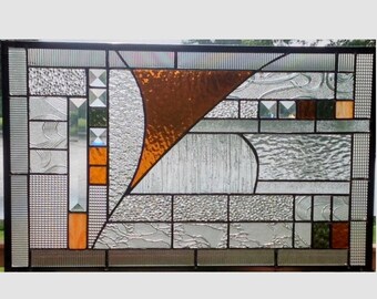 Geometric abstract stained glass panel window hanging stained glass window panel amber 0368 19 1/2 x 12
