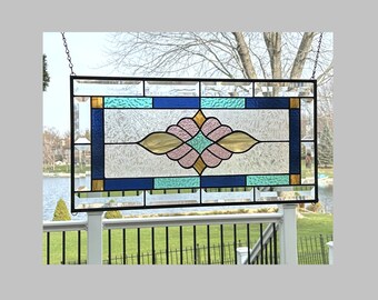 Victorian stained glass panel window hanging beveled border  transom  0478 22 3/8 x 11 3/8