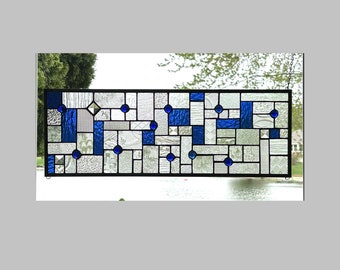 Stained glass window hanging panel large geometric abstract modern blue clear 0519 25 1/2 x 9