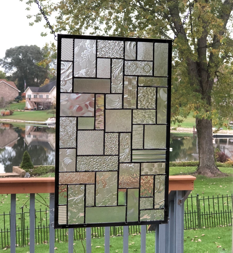 Clear Stained Glass Window Panel Geometric Stained Glass Panel Etsy