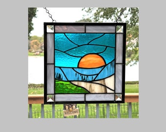 Stained glass panel window hanging suncatcher sunset on the water square 0546 10 x 10
