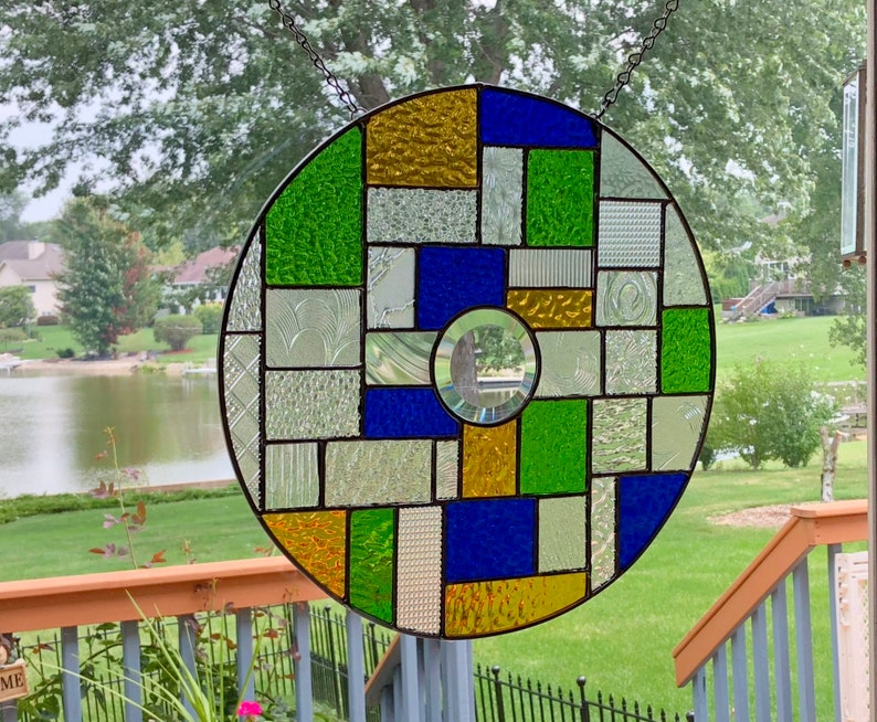 Round stained glass window panel blue green amber suncatcher abstract stained glass panel window hanging geometric 0380 13 34 x 13 34
