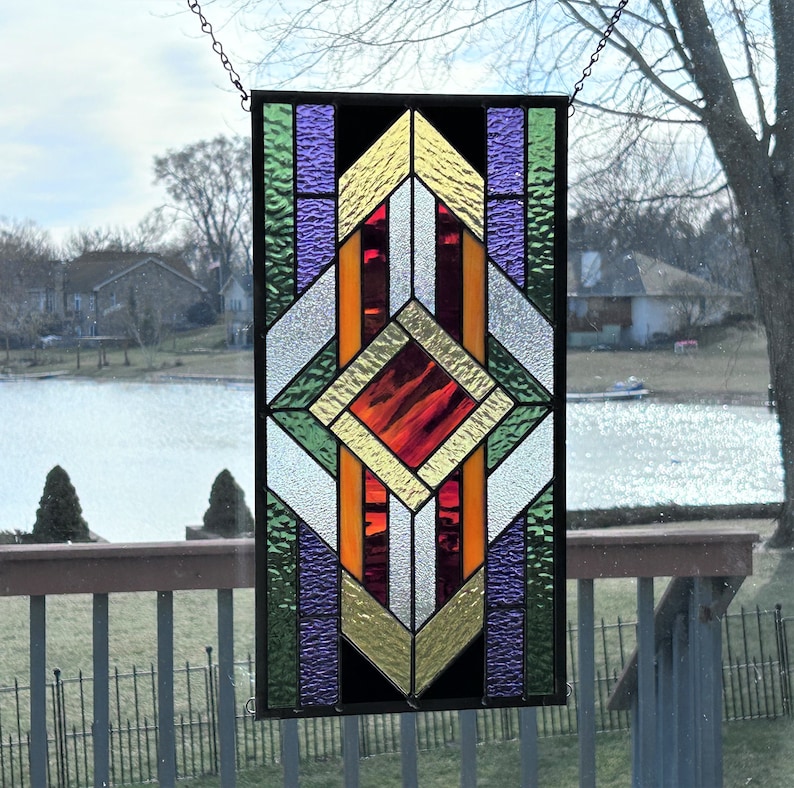 Arts and Crafts Stained Glass Panel Window Hanging Olive Clear Etsy