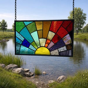Stained glass window panel small rainbow arch sunrise suncatcher 0479 12 3/8 x 7 3/8