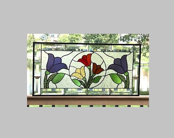 Stained glass window panel hanging tulip flowers with beveled border large 0573 23 1/2 x 11 1/2