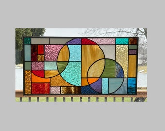 Multi color abstract stained glass window hanging geometric rectangle rainbow colors 0477 22 3/8 x 11 3/8