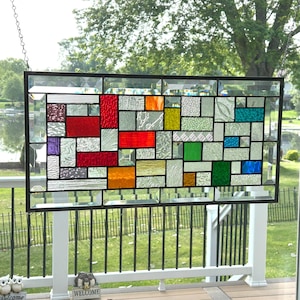 Rainbow Stained Glass Window Panel Beveled Geometric Transom (22 1/2 x 11 1/2)
