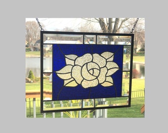 Stained glass panel window suncatcher rectangle clear English rose blue  060 14 1/2 x 11 1/2