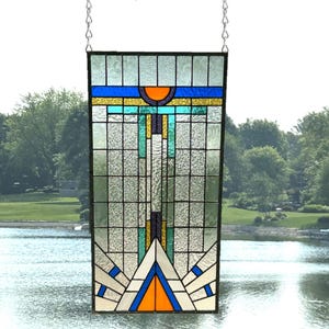 Stained glass panel window hanging Art Deco clear blue large 0509 25 x 13