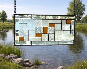 Geometric Stained Glass Window Amber & Clear Beveled Border 22 1/2 x 11 1/2