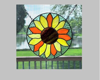 Stained glass sunflower suncatcher panel window hanging yellow and orange small round 0568