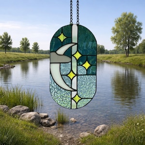 Stained glass window panel Moon and Stars suncatcher 0591 11 1/2 x 6 1/2