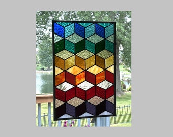 Stained glass window panel geometric patchwork window hanging abstract rainbow 3D look blocks 0500 18 1/2 x 12 1/2