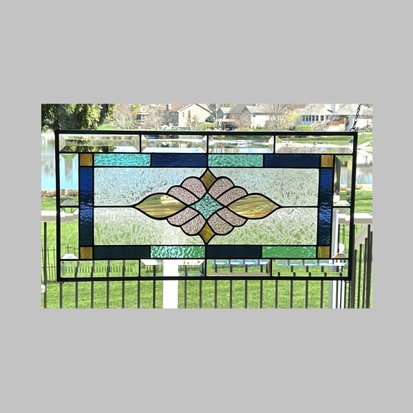 Victorian stained glass panel window hanging beveled border  transom  0478 22 3/8 x 11 3/8