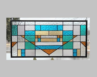 Arts and crafts stained glass window panel hanging clear blues prairie mission style stained glass panel 0557 20 1/2 x 10