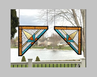 Pair of 10 1/2 x 10 1/2 Art Deco corner triangles stained glass window hanging suncatcher 0535