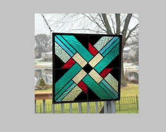 Stained glass window panel hanging teal square quilt Arts and crafts mission prairie style 0550 11 1/2 x 11 1/2