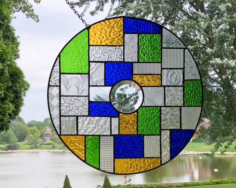 Round stained glass window panel blue green amber suncatcher abstract stained glass panel window hanging geometric 0380 13 34 x 13 34