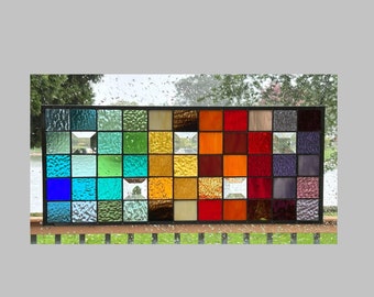 Stained glass panel window hanging geometric rainbow squares abstract window transom 0443 22 1/2 x 10 1/2