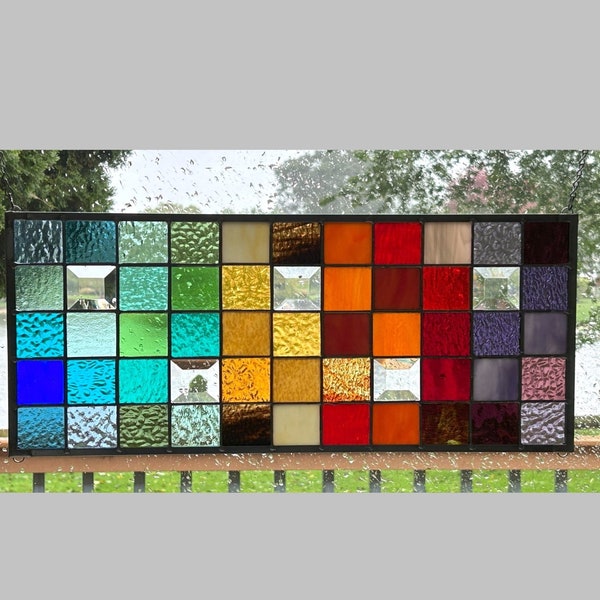 Stained glass panel window hanging geometric rainbow squares abstract window transom 0443 22 1/2 x 10 1/2