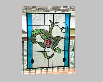 Victorian stained glass panel window hanging purple flower large vertical 0364 14 1/2 x 18 1/2