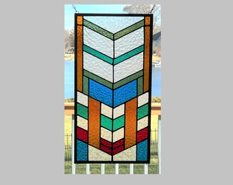 Stained glass panel window hanging arts and crafts chevron prairie style 0484 20 1/2 x 10 1/2