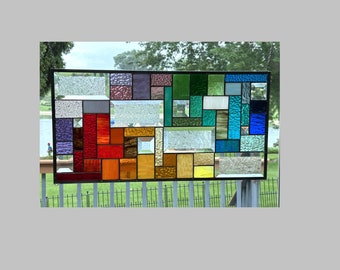 Stained glass window panel hanging beveled rainbow transom geometric abstract large 0061 24 3/8 x 12 3/8