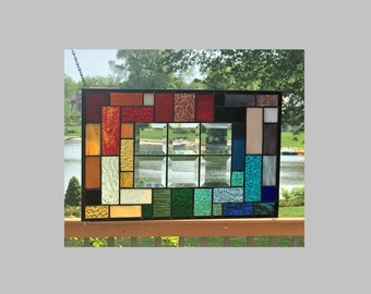 Beveled stained glass window hanging panel geometric rainbow modern 0461 18 1/2 x 12