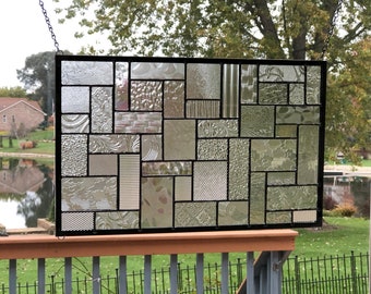 Clear stained glass window panel geometric stained glass panel window hanging 0482 18 1/2 x 11 1/2