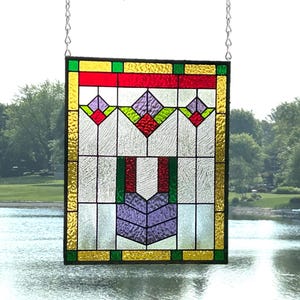 Stained Glass Flower Panel: Arts & Crafts Mission Style Window Hanging (18 1/2 x 15)