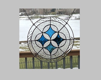 Stained glass panel window hanging round suncatcher blue stars and clear border 0581